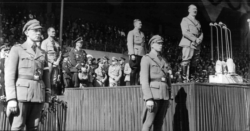 Adolf Hitler gives his annual Reichsparteitag speech to the Hitlerjugend in Nuremberg's stadium